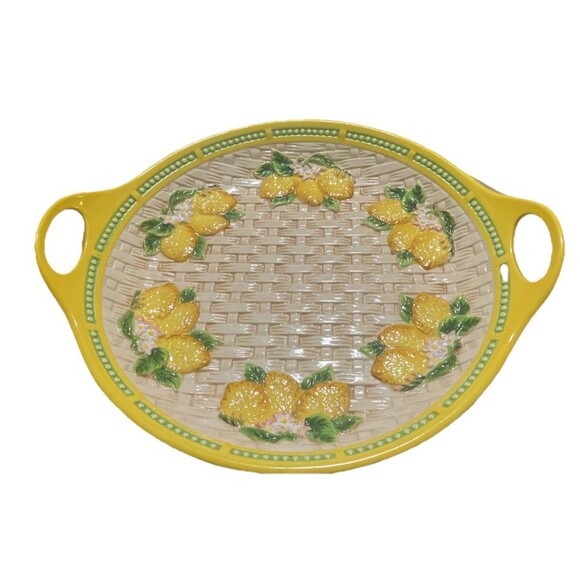 VTG. MCM Temptations Lemon Fruit 15-1/4" Serving Platter W/ Handles & Lemons - Picture 2 of 16